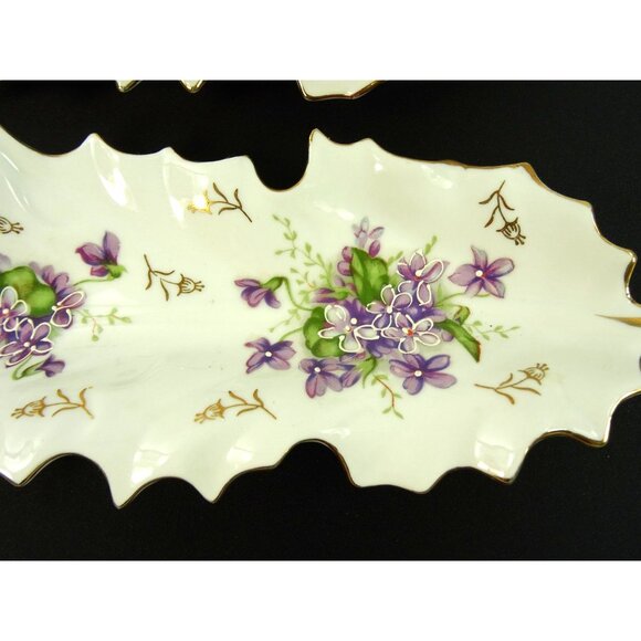 Vintage Dresden Style Leaf Dish Lot of 2 Hand Painted Floral Flowers Gold Trim - Picture 4 of 16